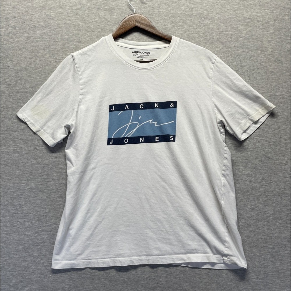Jack & Jones Originals T Shirt Mens Large White‎ Graphic Print Spellout Box Logo